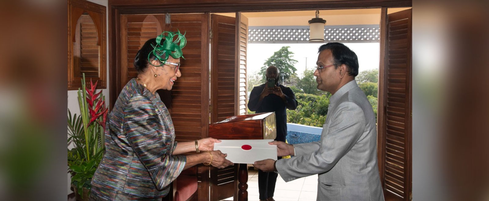 High Commissioner Dr. Pradeep Rajpurohit presenting his Letters of Credence to Governor-General Her Excellency Dame Cécile La Grenade of Grenada for his new appointment as High Commissioner of India to Grenada in a ceremony on February 27, 2024