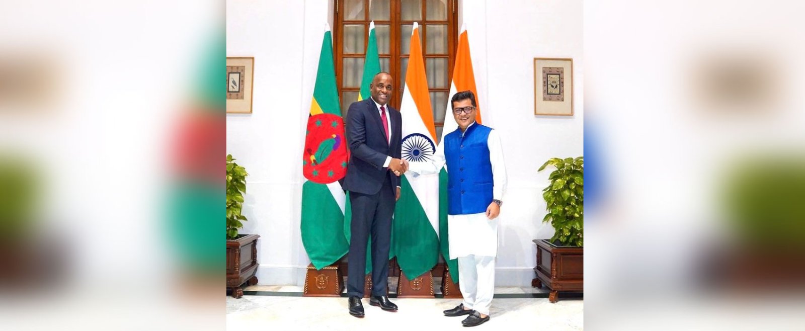 Hon'ble Roosevelt Skerrit, Prime Minister of Commonwealth of Dominica received by Shri Pabitra Margherita, Minister of State for External Affairs, Govt of India at Hyderabad House, New Delhi on October 27, 2024. Both leaders exchanged views on further strengthening bilateral ties between India and Dominica.