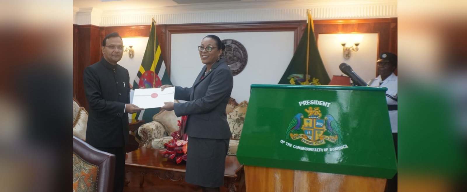 High Commissioner Dr. Pradeep Rajpurohit presented his Letters of Credence from the Hon. President of India to Her Excellency Sylvanie Burton, President of the Commonwealth of Dominica for his appointment as the High Commissioner of India to the Commonwealth of Dominica in a ceremony held at the Office of the President on August 12, 2024.