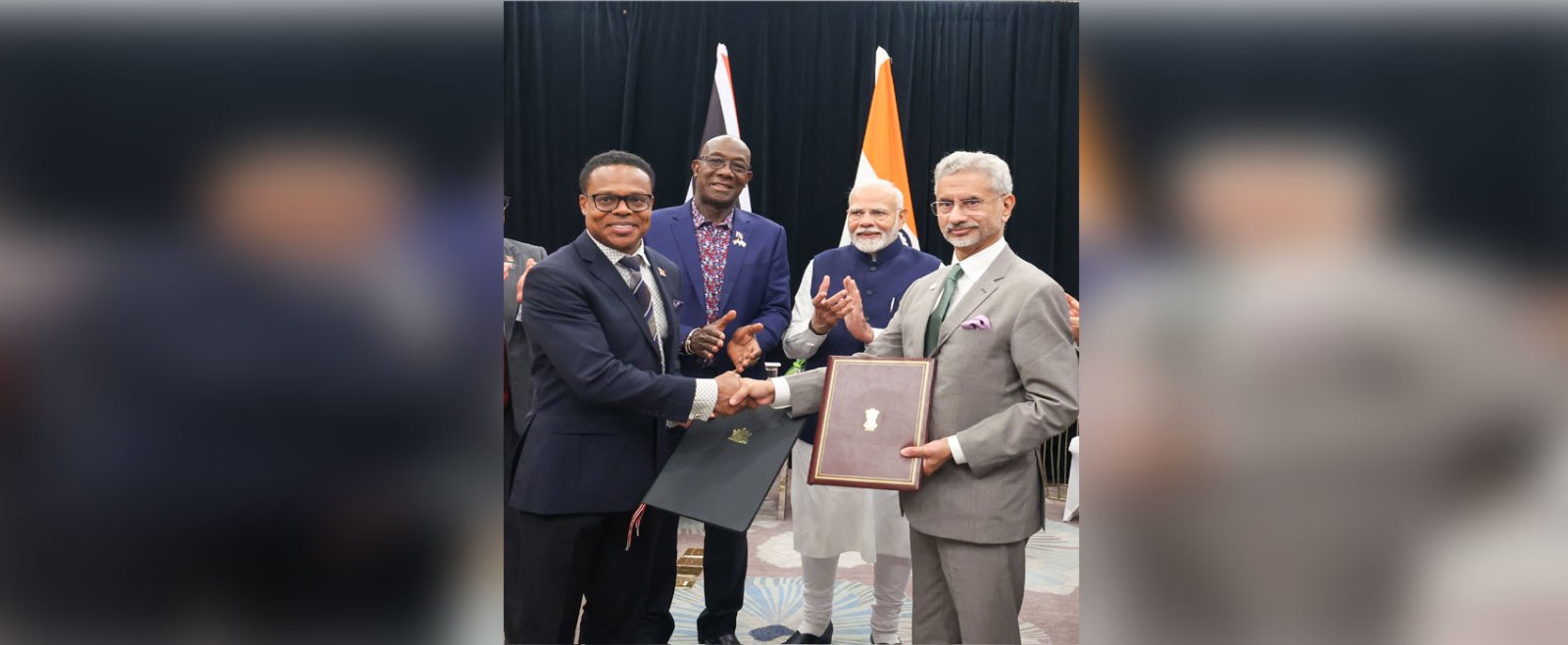 Prime Minister Shri Narendra Modi and Dr. The Hon'ble Keith Rowley, PM of Trinidad & Tobago witnessed exchange of MoU on setting up of an Integrated Automatic Fruit and Vegetable Primary Processing Plant in Trinidad & Tobago by Minister of Foreign and CARICOM Affairs of the two countries in Georgetown, Guyana on 20 Nov 2024.