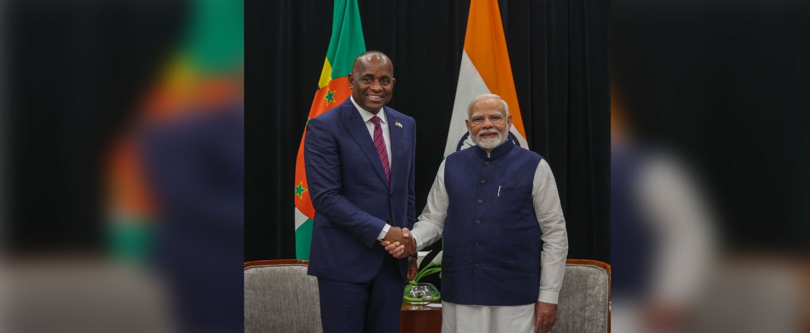 Prime Minister Shri Narendra Modi met Hon'ble Roosevelt Skerrit, PM of Commonwealth of Dominica on the sidelines of the 2nd India-CARICOM Summit in Guyana on 20 Nov, 2024. The two leaders explored opportunities for bilateral cooperation in areas such as climate resilience, healthcare, capacity building and deepening of people-to-people ties.