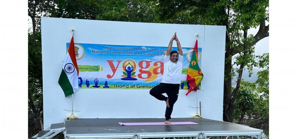 International Day of Yoga celebration in Grenada at the Quarantine Point on June 23, 2024 - charming morning atmosphere at the shore of Caribbean water. 